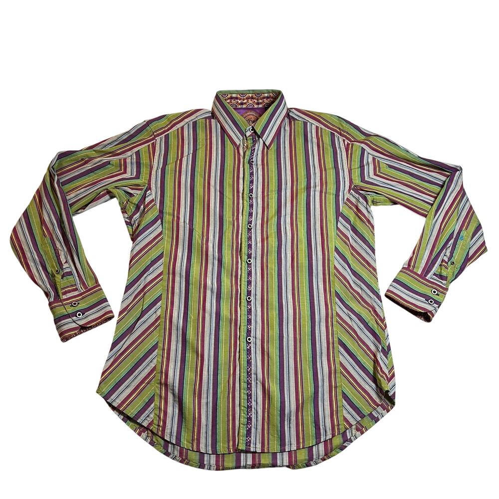 Robert Graham Stripe Button Up Shirt Size Medium Colorful Maximalist Flip Cuff